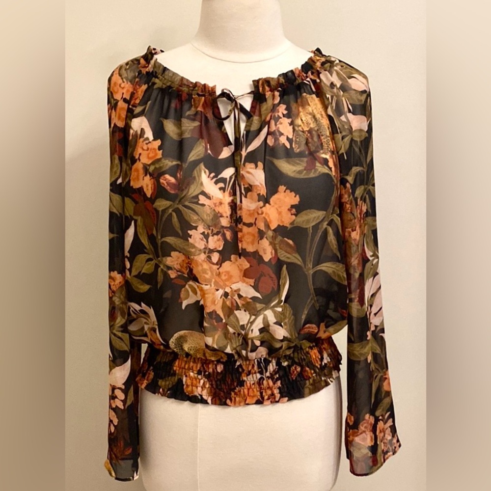 INC International Concepts Black Green Floral Smocked Long Sleeve Peasant Top M